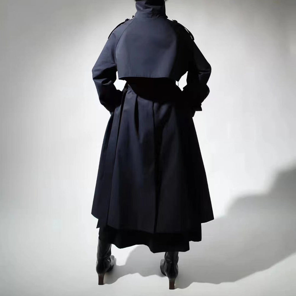 Women's Elegant Long Wool Blend Trench Coat with Belted Maxi Fit