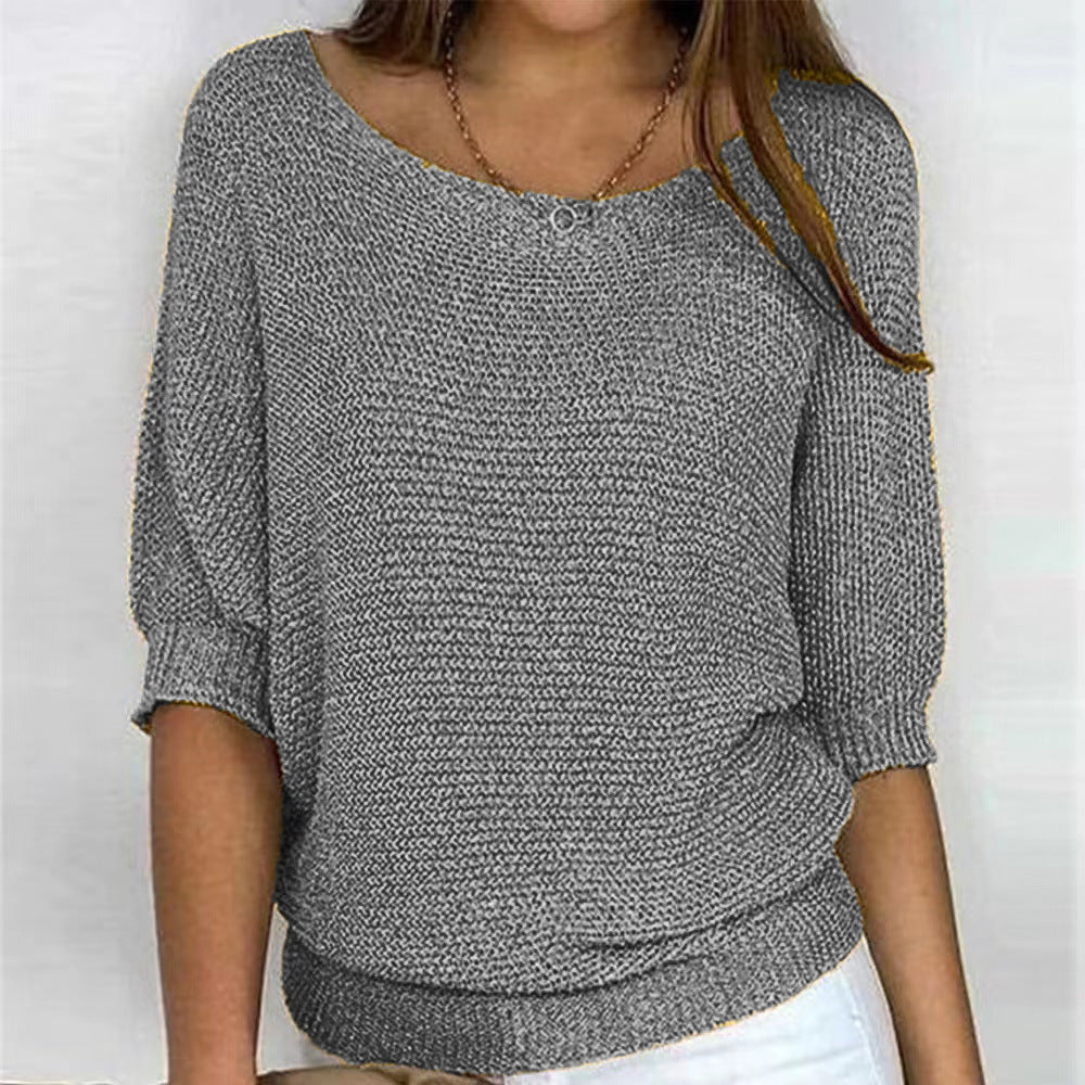 Women's Casual Ribbed Knit Scoop Neck Batwing Sleeve Sweater