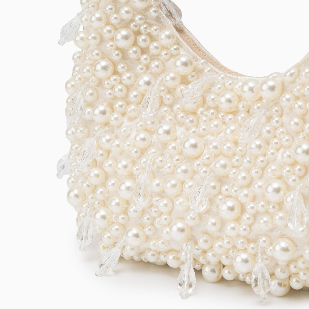 Women's Elegant Pearl Bead Structured Mini Handbag with Sculpted Top