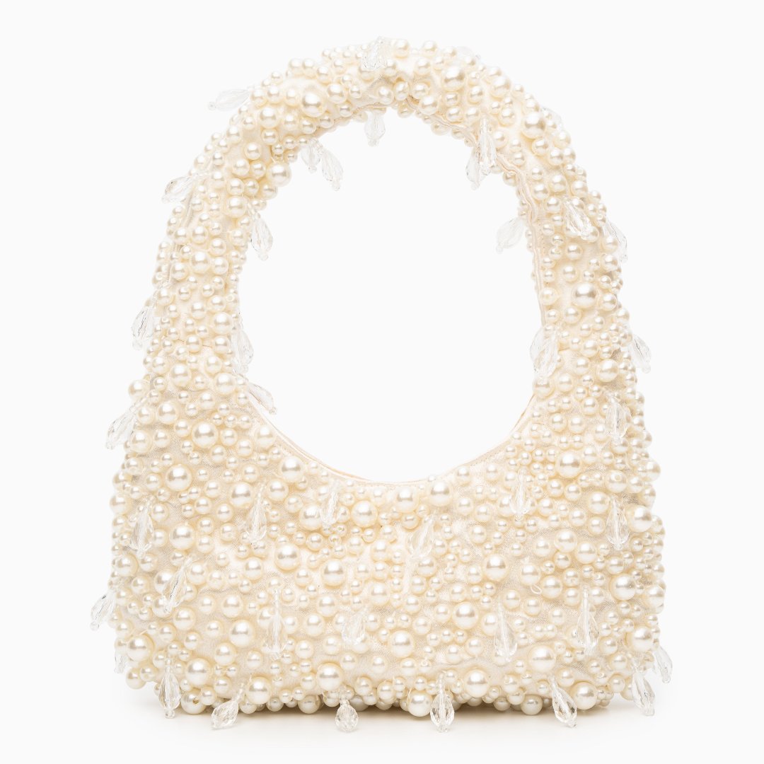 Women's Elegant Pearl Bead Structured Mini Handbag with Sculpted Top