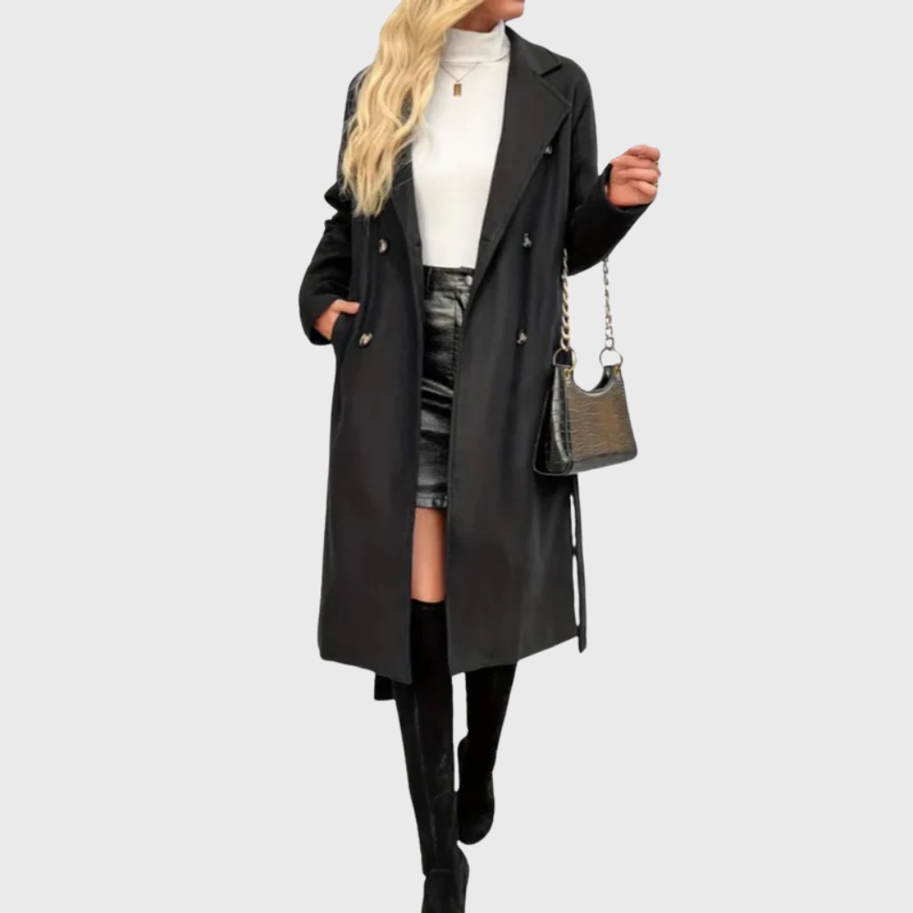 Women's Elegant Wool Blend Trench Coat with Belted Waist and Lapel