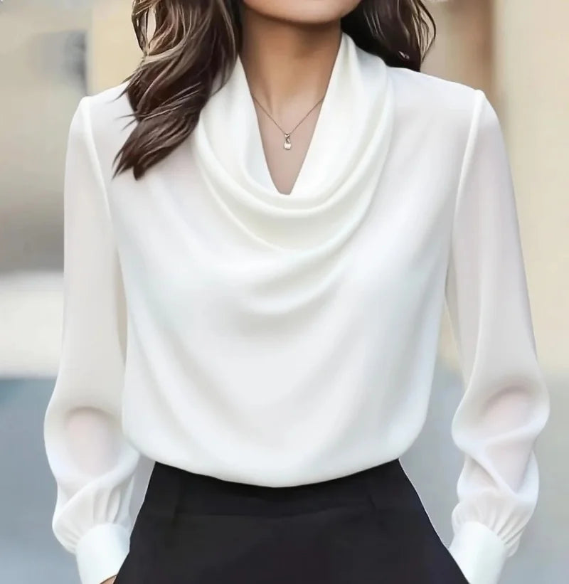 Women's Elegant Satin Cowl Neck Blouse with Fitted Cuffs