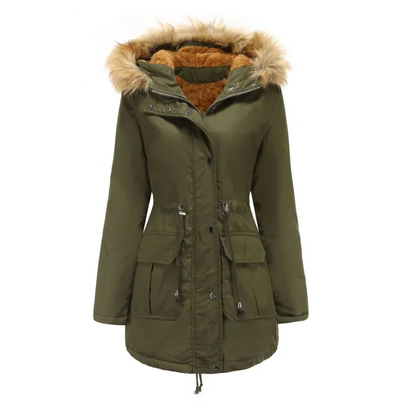 Women's Cozy Faux Fur Hooded Fleece-Lined Drawstring Parka Coat