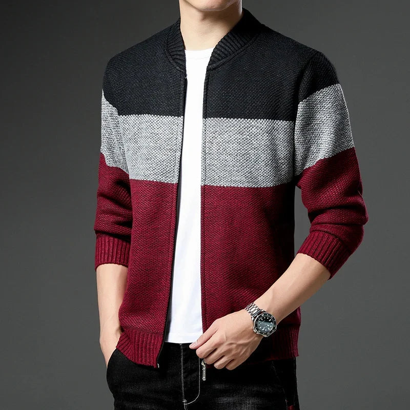 Men's Casual Colour-Block Knit Cardigan with Relaxed Fit