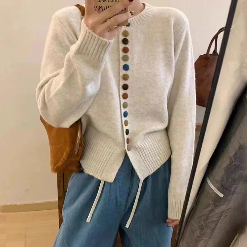 Women's Cozy Knit Crew Neck Cardigan with Button Front and Curved Hem