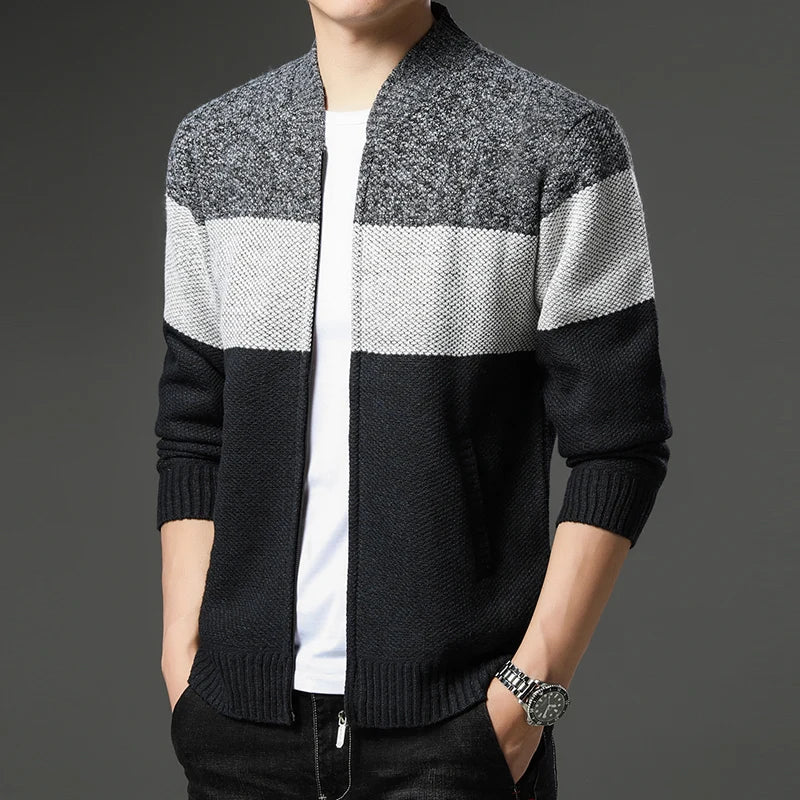Men's Casual Colour-Block Knit Cardigan with Relaxed Fit
