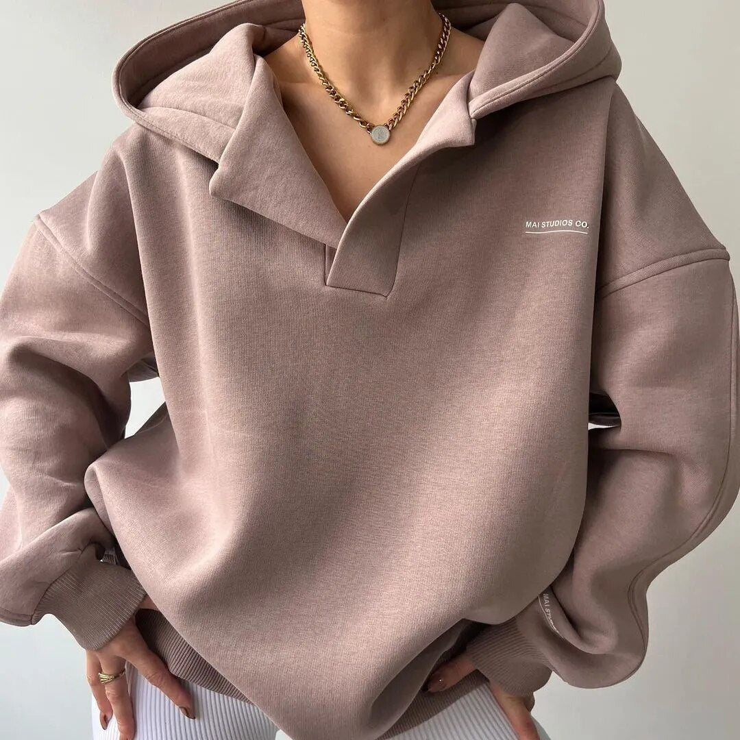 Women's Casual Fleece Knit Hoodie with Polo Collar Oversized Fit