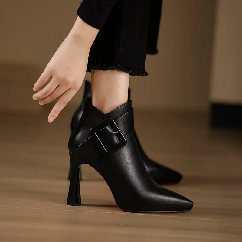 Women's Elegant Leather Buckle Ankle Boots with Pointed Toe High Heel