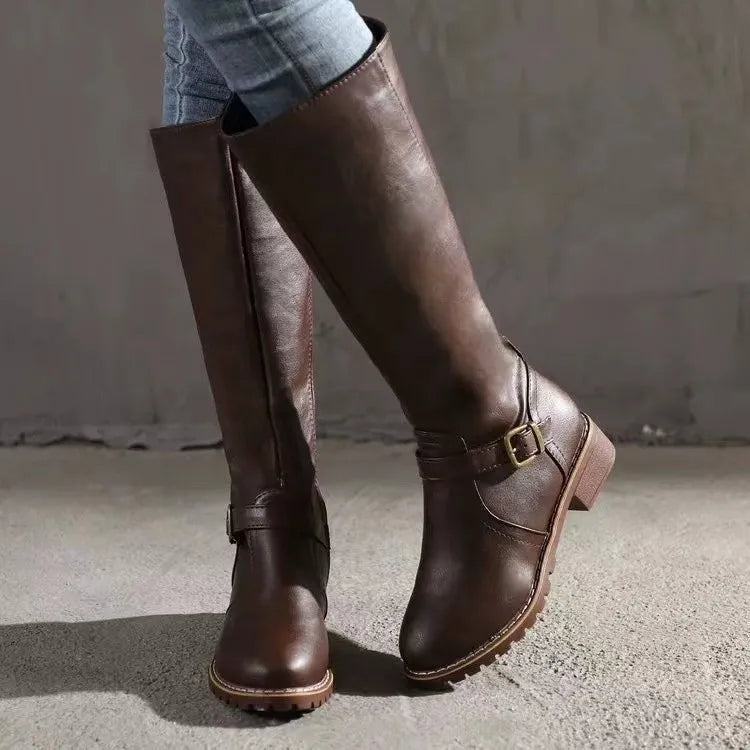 Women's Stylish Leather Round Toe Block Heel Ankle Boots