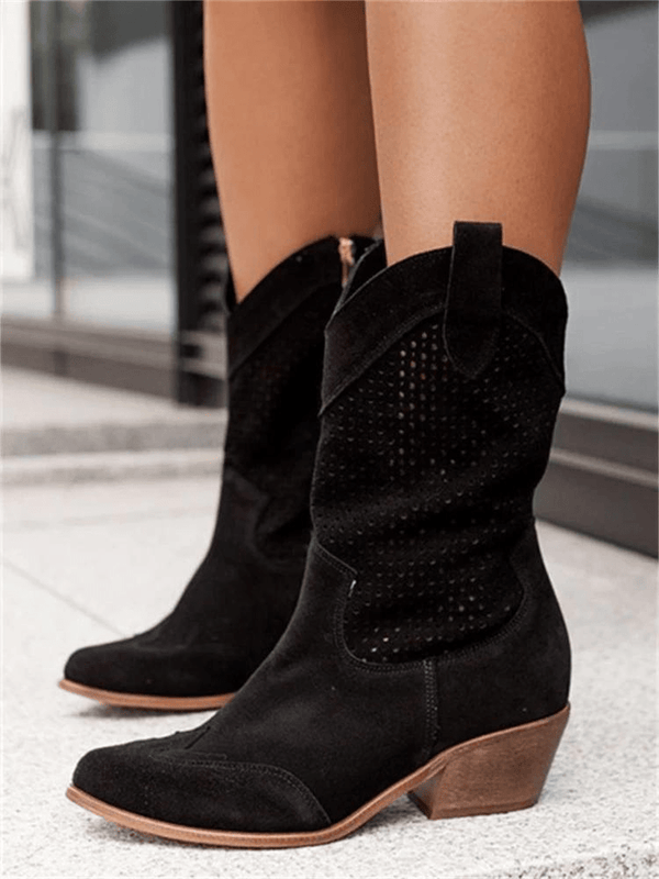 Women's Stylish Suede Perforated Cutout Cowboy Boots with Block Heel