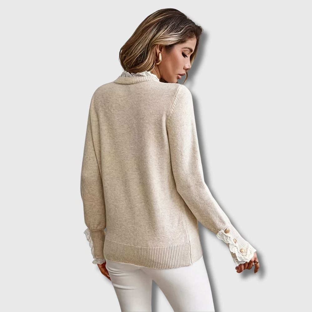 Women's Comfortable Knit Mock Neck Sweater with Lace Trim Cuffs
