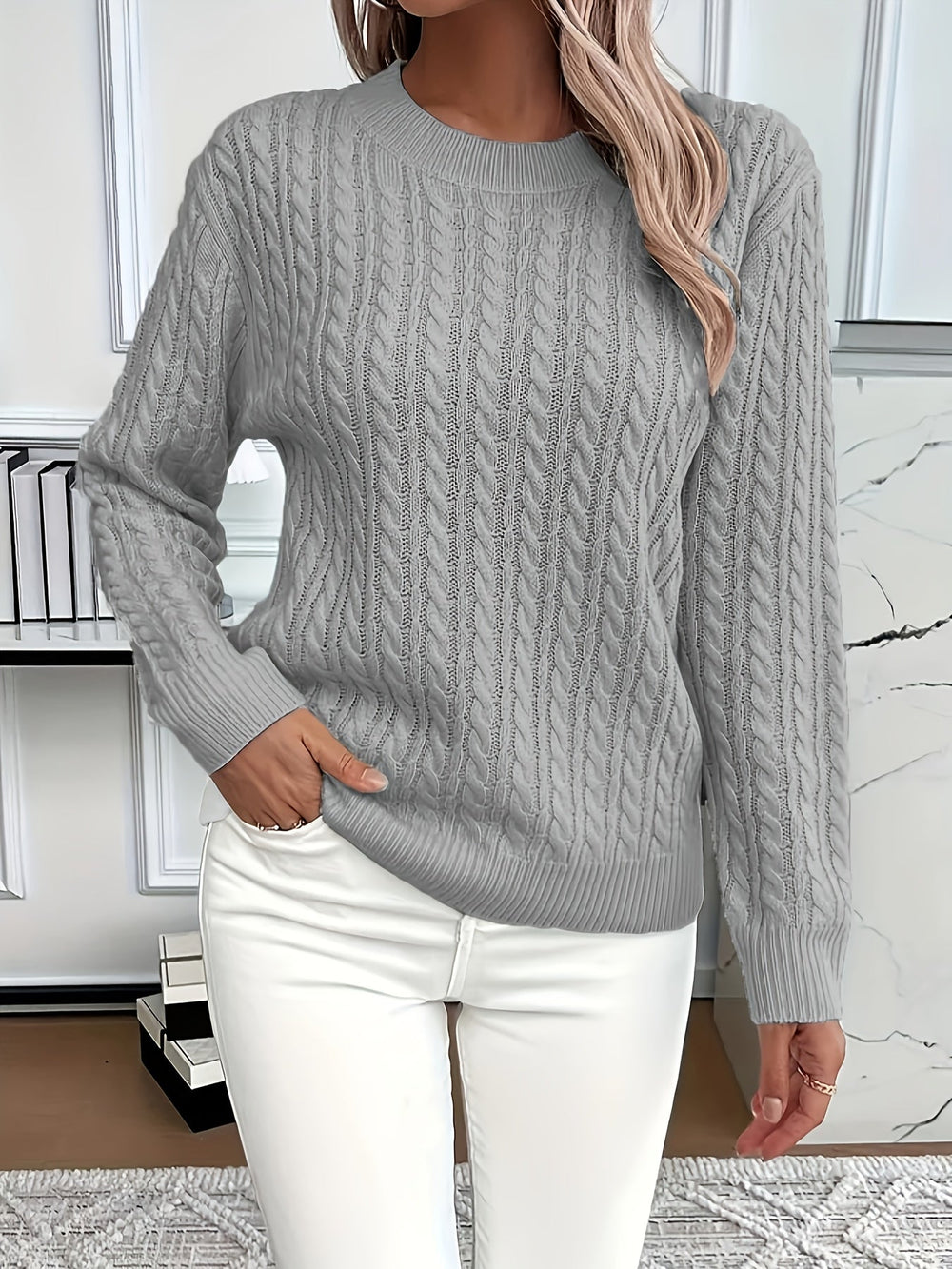 Women's Casual Cable Knit Cotton Sweater with Crew Neck