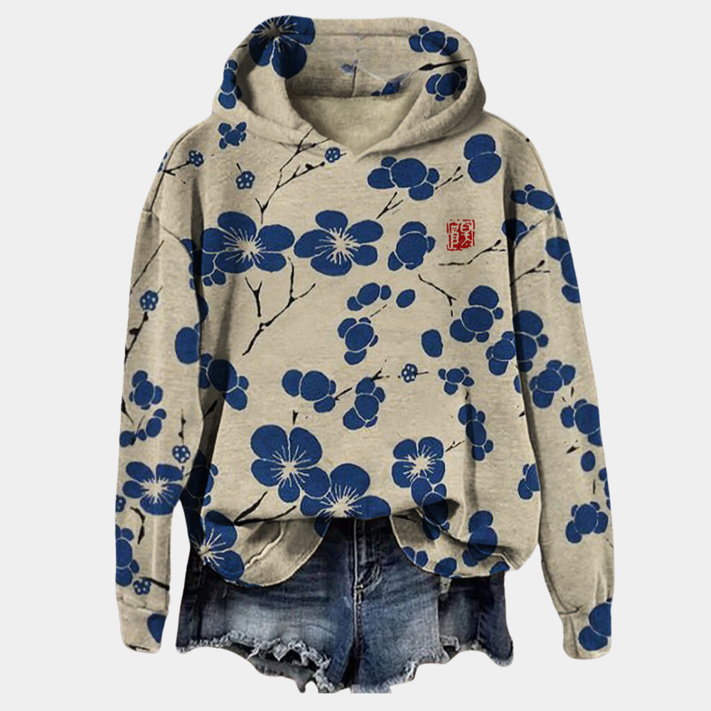 Women's Casual Floral Print Cotton Hoodie with Drawstring Hood