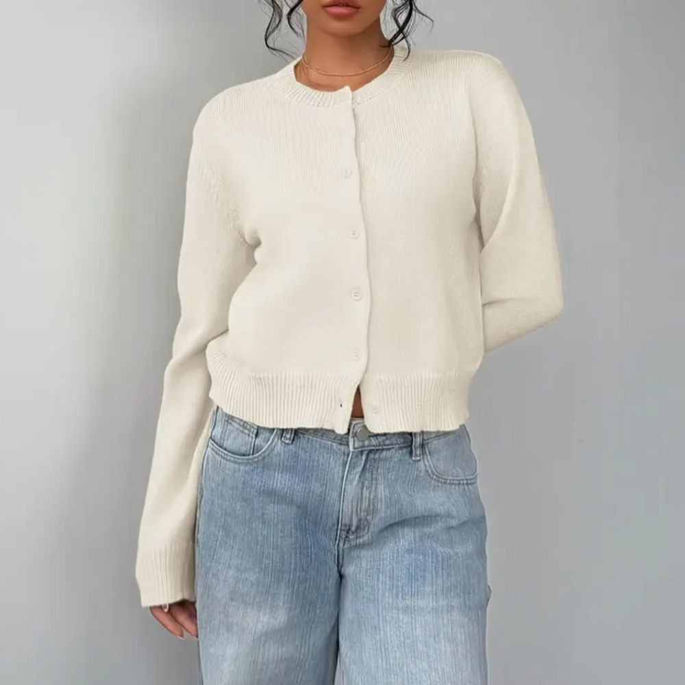Women's Comfortable Ribbed Knit Cropped Cardigan with Crew Neck