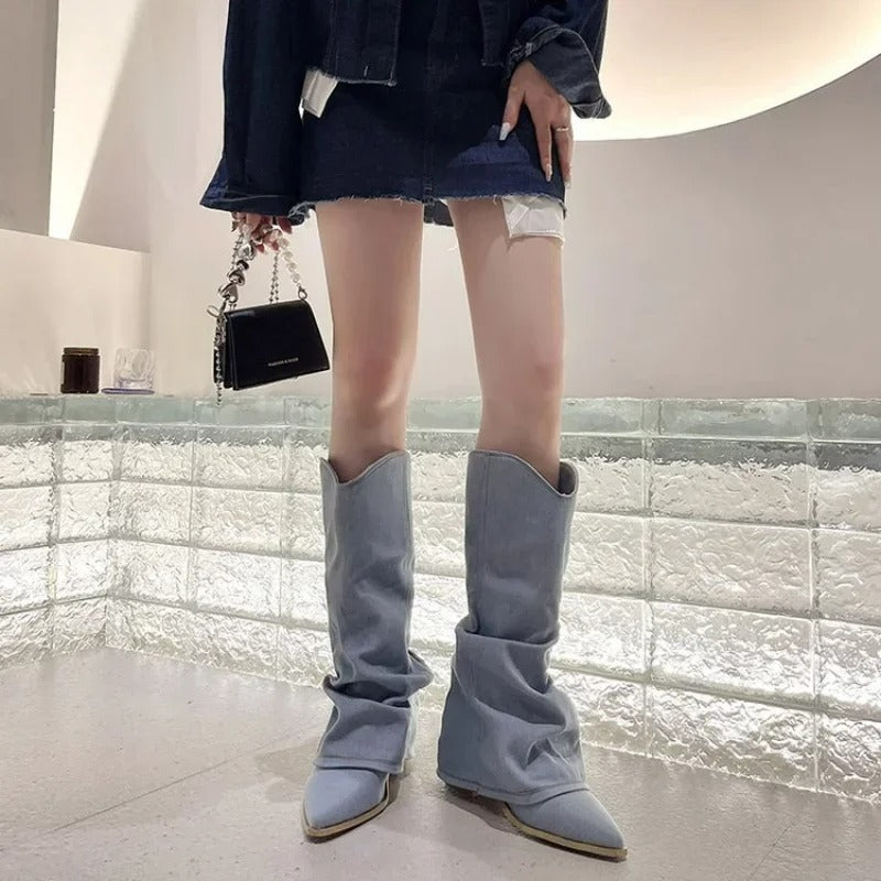 Women's Stylish Denim Slouchy Western Cowgirl Boots