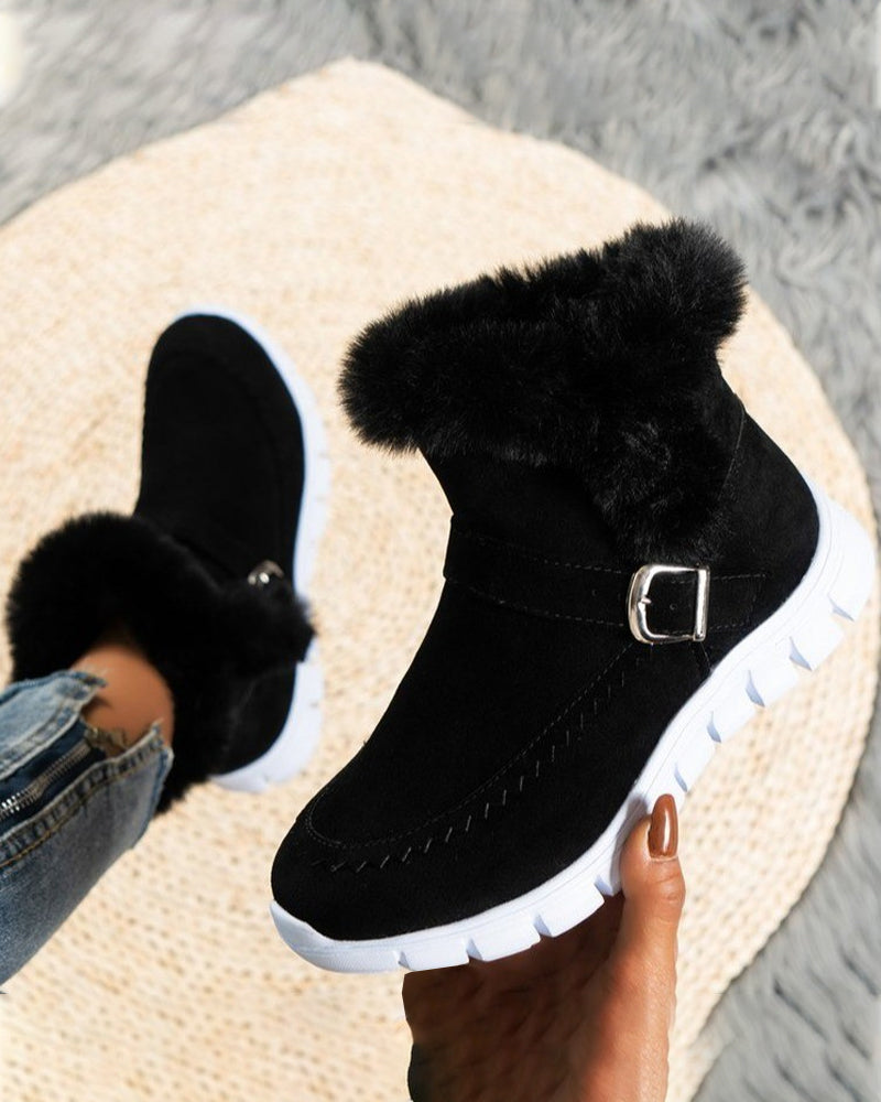 Women's Cozy Suede Ankle Snow Boots with Fluffy Trim and Buckle