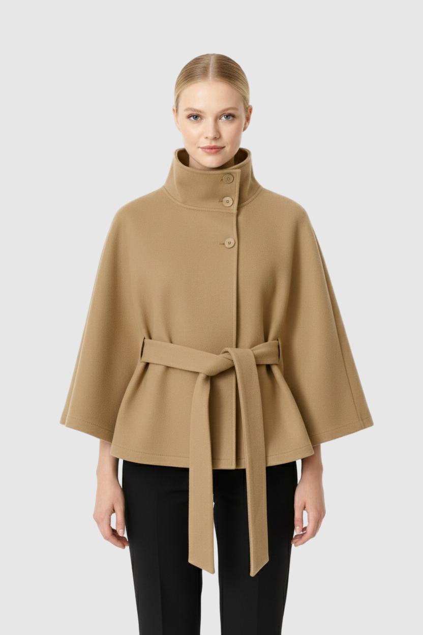 Women's Classic Wool Belted Cape Coat with High Collar