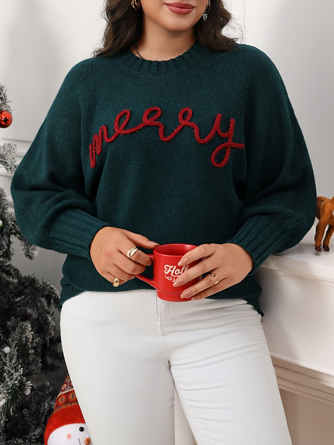 Women's Cozy Knit Crew Neck Long Sleeve Christmas Sweater in Green