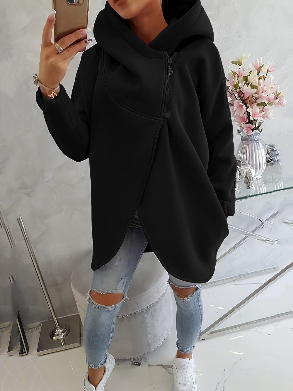 Women's Casual Fleece Hoodie with Cowl Neck and Asymmetric Tulip Hem