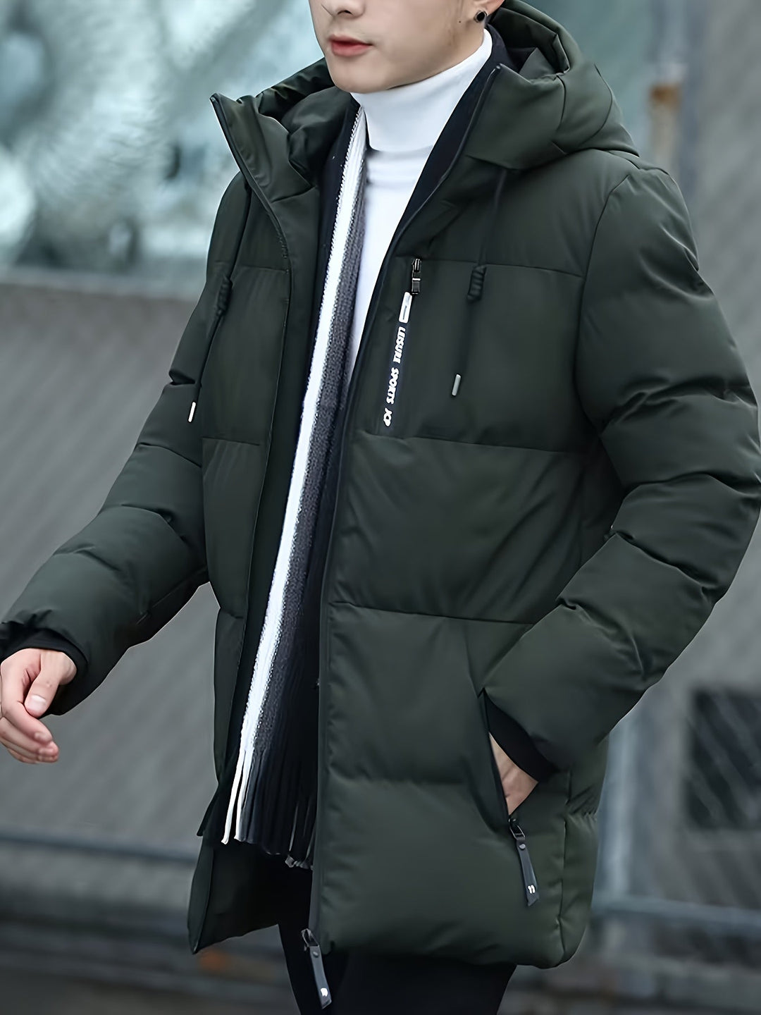 Men's Casual Mid-Length Hooded Puffer Jacket with Zip Pockets