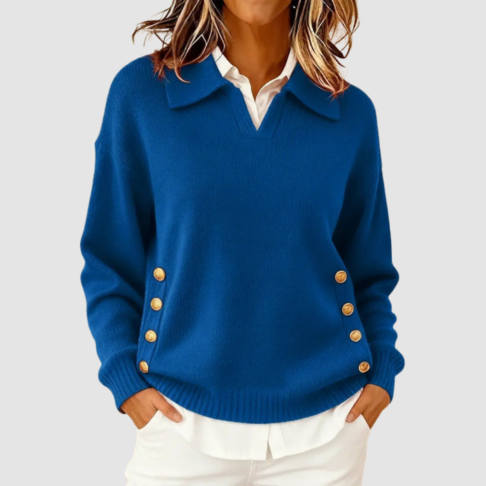 Women's Casual Knit Sweater with Notched Collar and Relaxed Fit