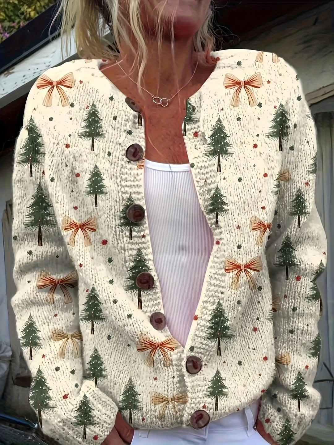 Women's Comfortable Knit V-Neck Bow Print Christmas Sweater