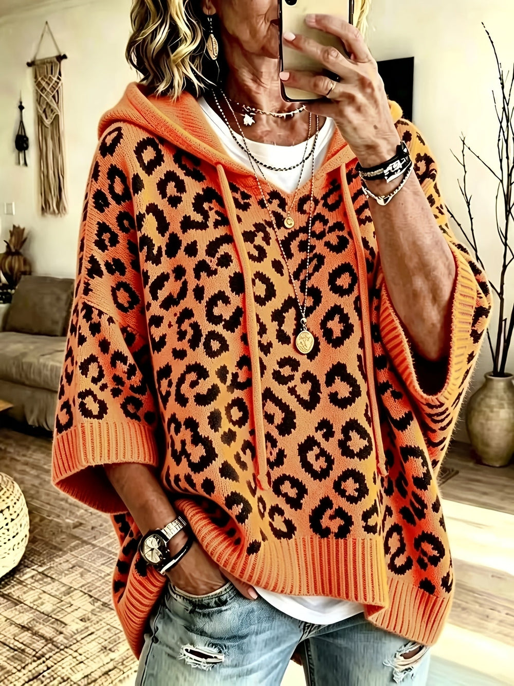 Women's Comfortable Knit Oversized Leopard Print Hoodie with Batwing