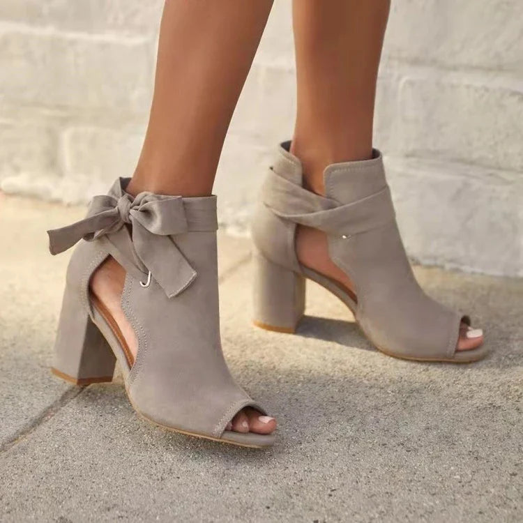 Women's Chic Suede Peep Toe Tie-Up Chunky Block Heel Ankle Boots
