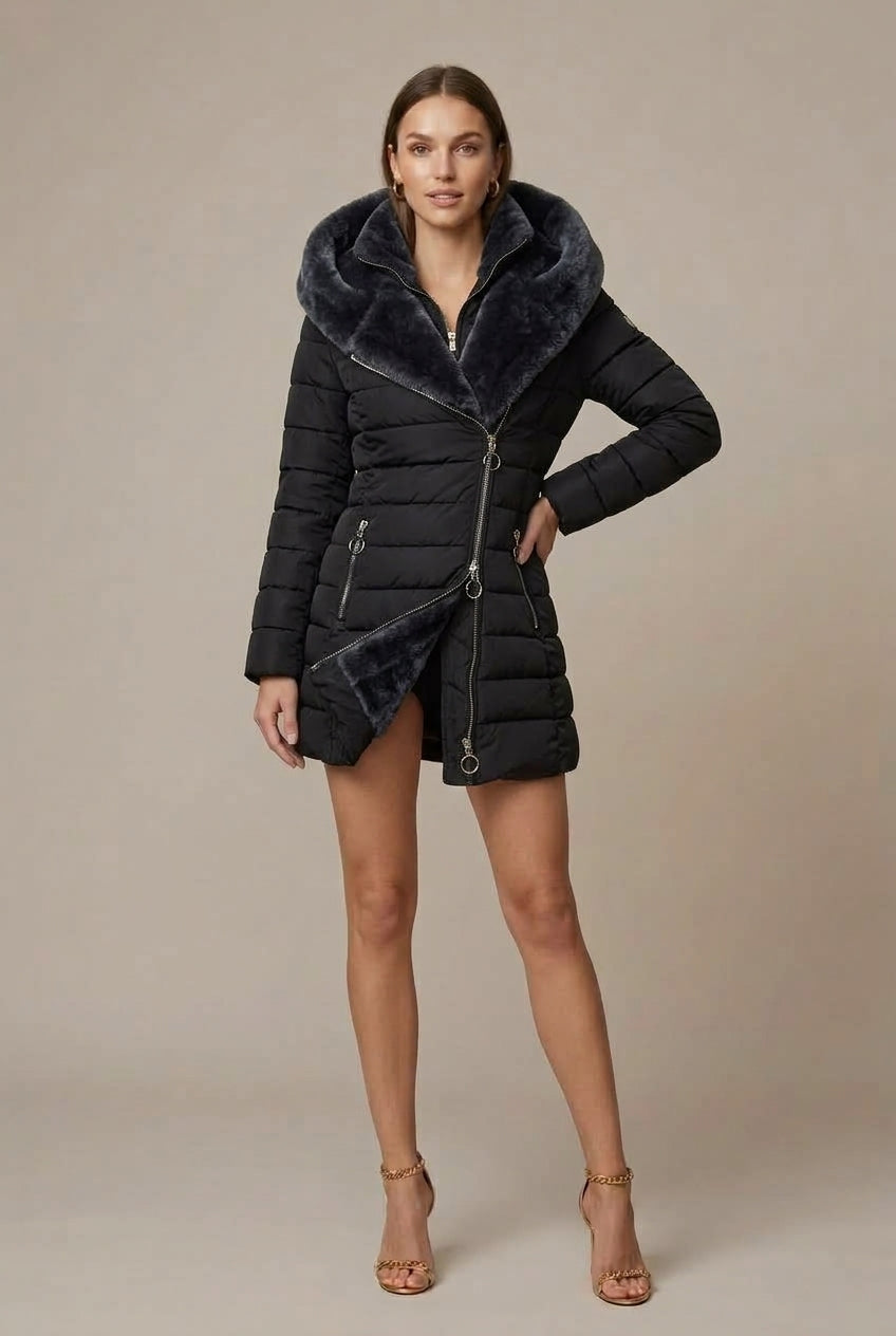 Women's Casual Hooded Puffer Jacket with Asymmetric Zip