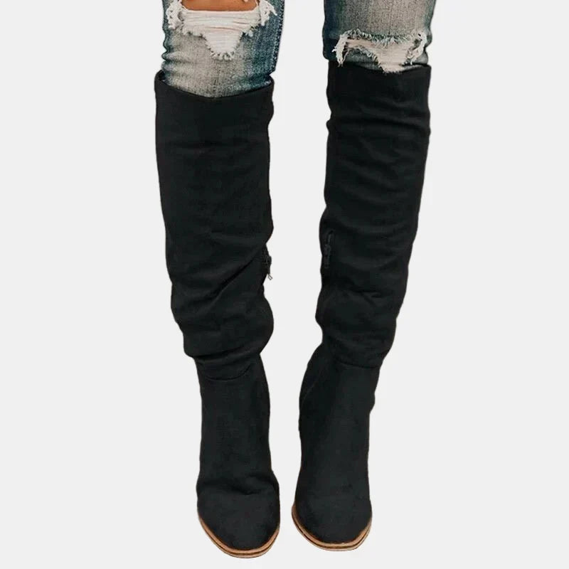 Women's Stylish Suede Knee High Slouchy Boots with Ruched Block Heel