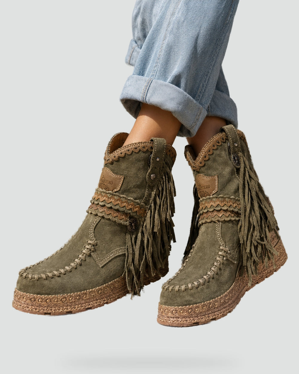 Women's Boho Embroidered Leather Platform Wedge Booties