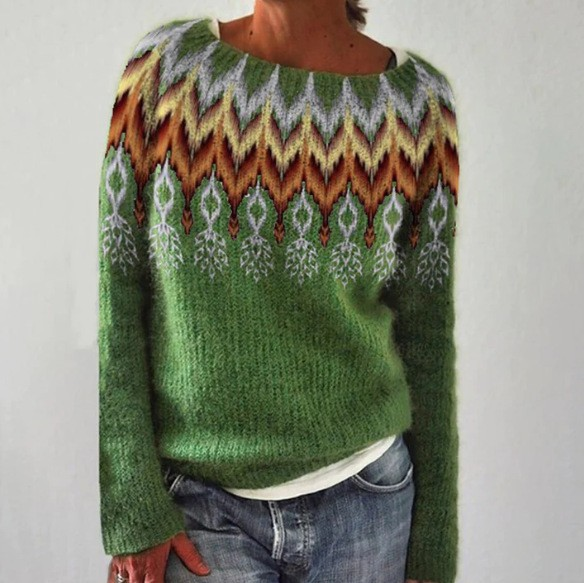 Women's Comfortable Fair Isle Knit Sweater with Crew Neck