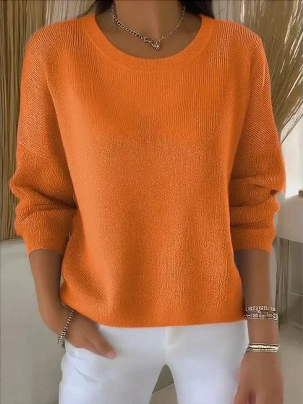 Women's Casual Ribbed Cotton Oversized Sweater with Round Neck