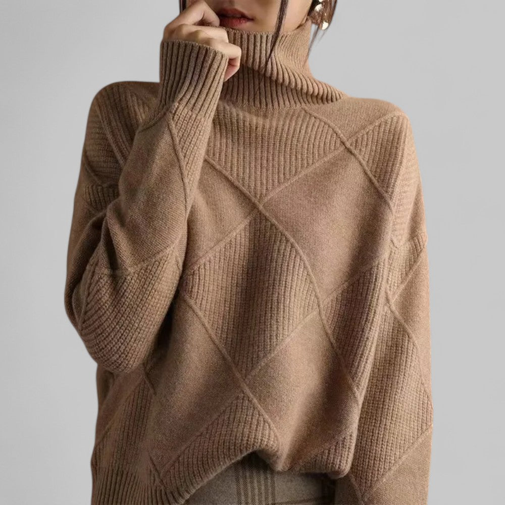 Women's Cozy Oversized Knit Turtleneck Sweater with Diamond Pattern