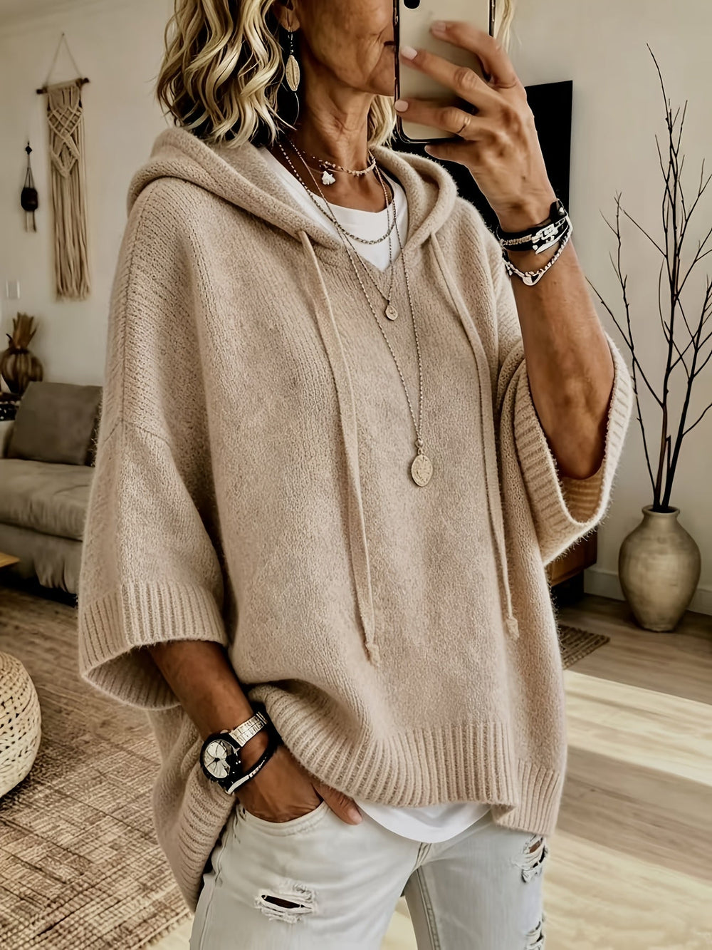 Women's Casual Knit Oversized Hoodie with Hooded Neck and Batwing