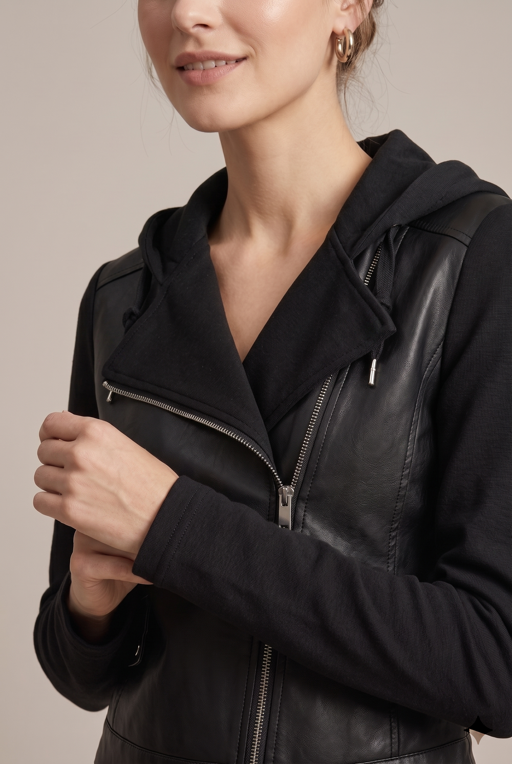 Women's Stylish Faux Leather Hooded Moto Jacket