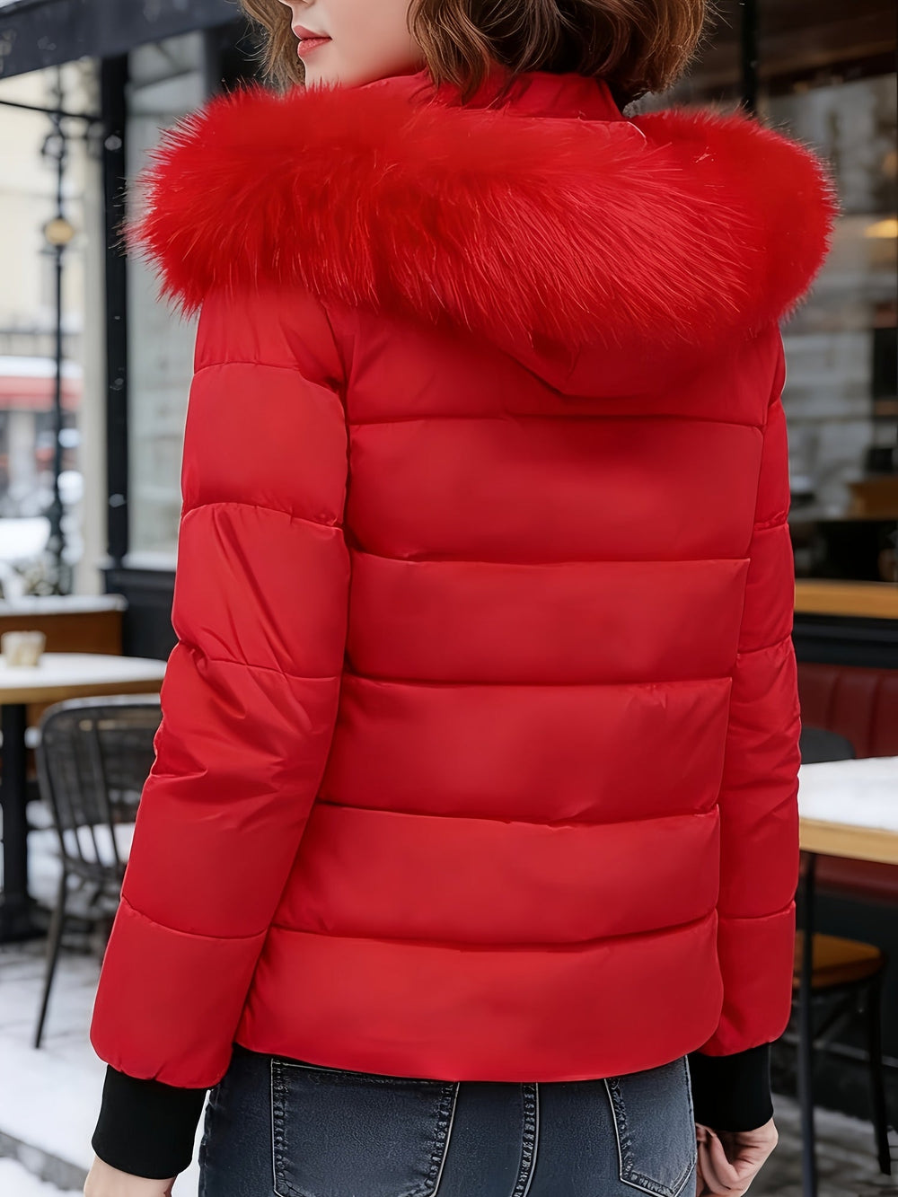 Women's Cozy Quilted Faux Fur Hood Puffer Ski Jacket in Red