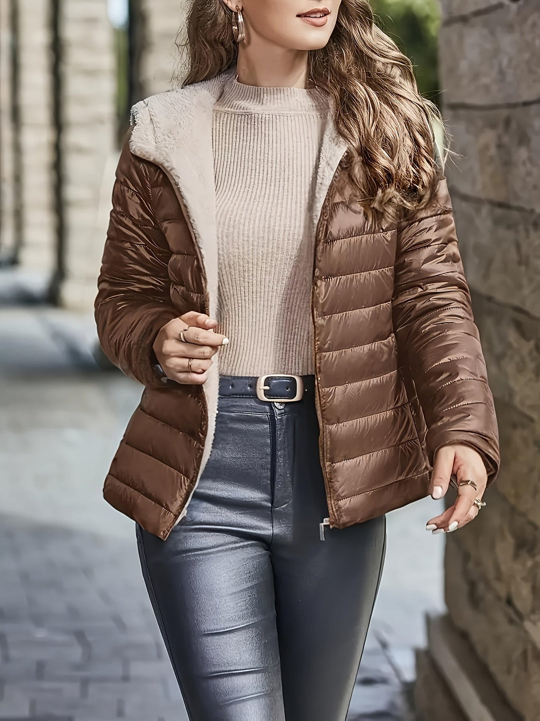 Women's Casual Quilted Sherpa-Lined Hooded Jacket in Coffee