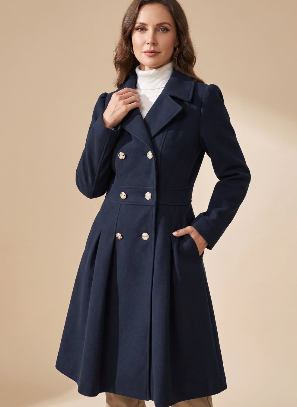 Women's Elegant Wool Notched Lapel Trench Coat with Double Breasted