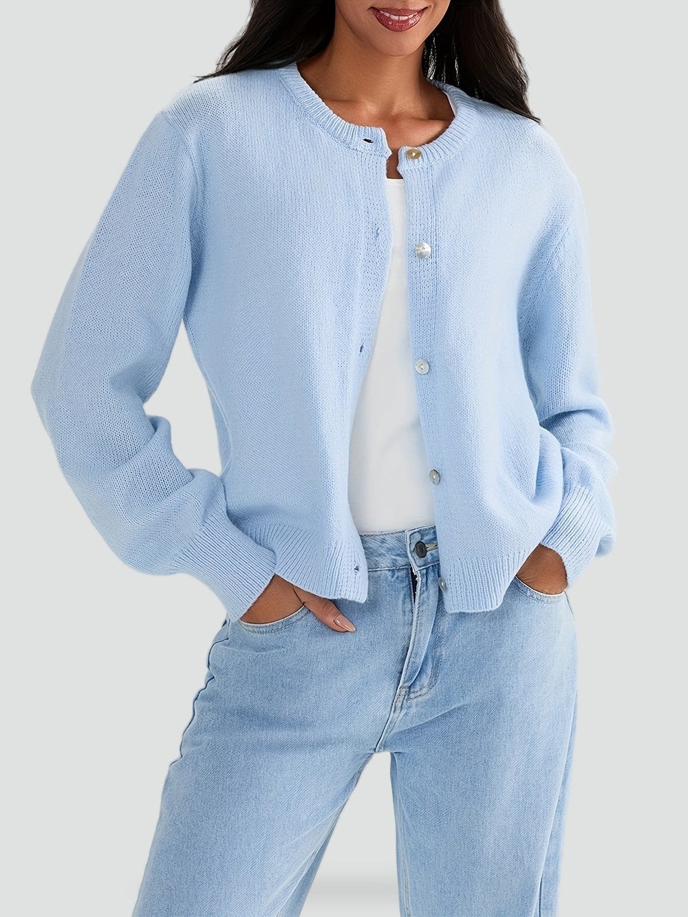 Women's Cozy Knit Button-Front Cardigan with Round Neck