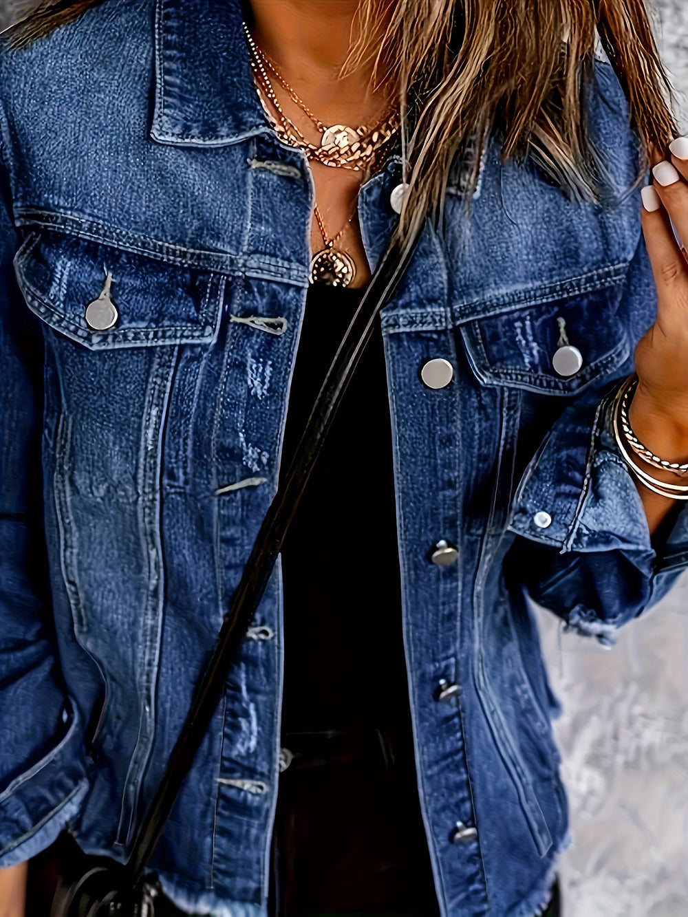 Women's Casual Distressed Denim Jacket with Collar Long Sleeve Deep