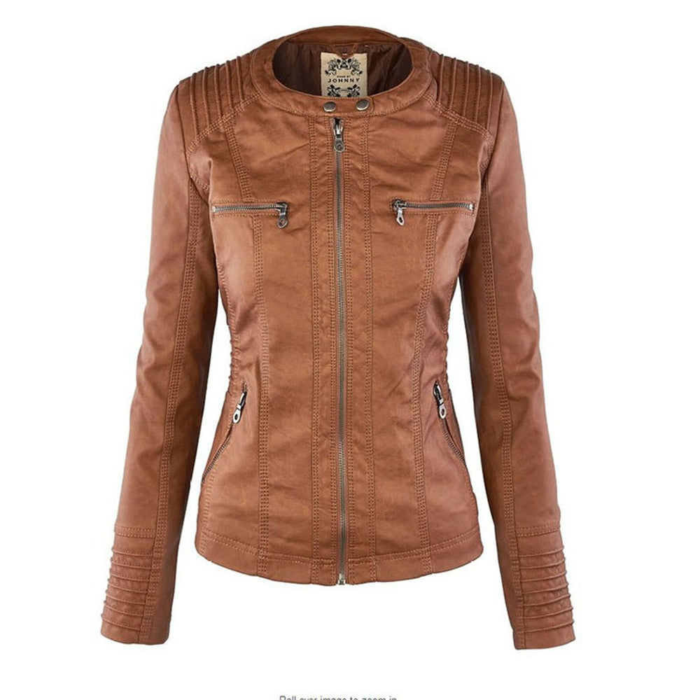 Women's Elegant Faux Leather Hooded Moto Jacket with Quilted Detail