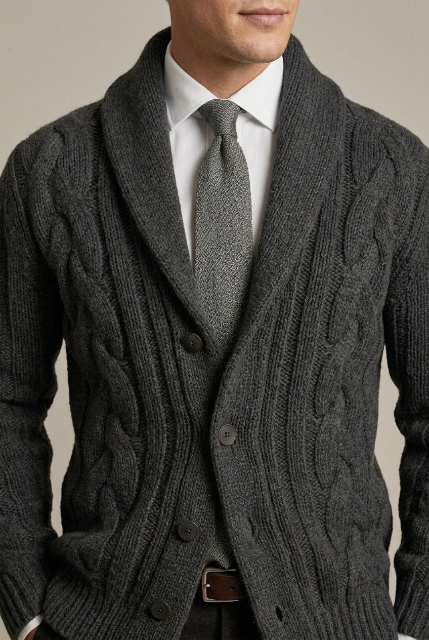 Men's Classic Cable Knit Shawl Collar Cardigan with Buttons