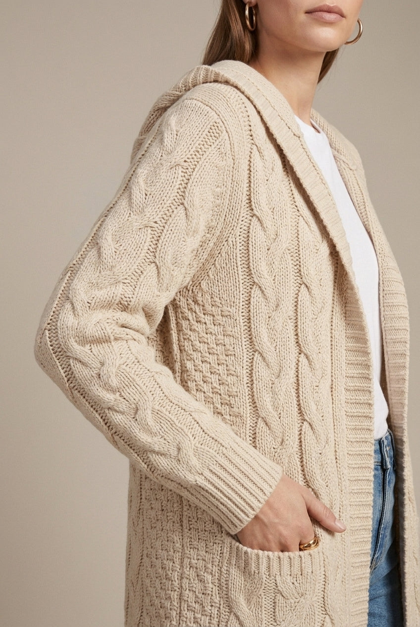 Women's Casual Cable Knit Hooded Cardigan with Front Pockets