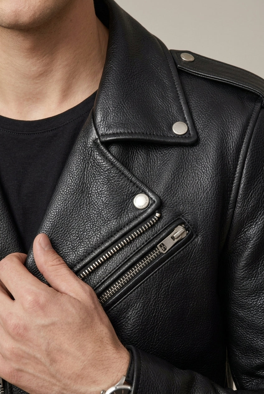 Men's Classic Genuine Leather Asymmetric Zip Biker Jacket