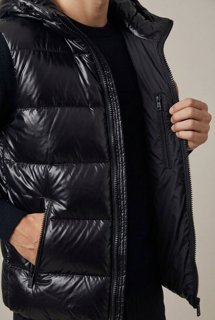 Men's Casual Padded Hooded Metallic Vest