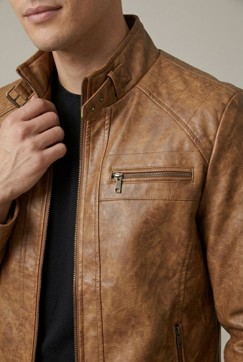 Men's Casual Faux Leather Stand Collar Zip-Up Jacket