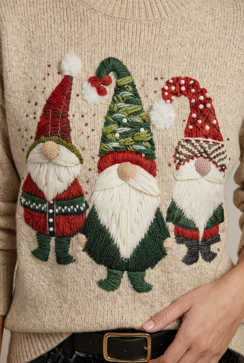Women's Casual Embroidered Crew Neck Christmas Sweater