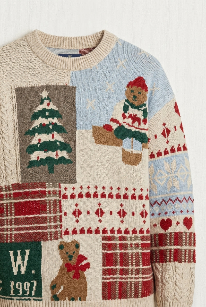 Men's Casual Knit Patchwork Crew Neck Sweater with Ribbed Trim