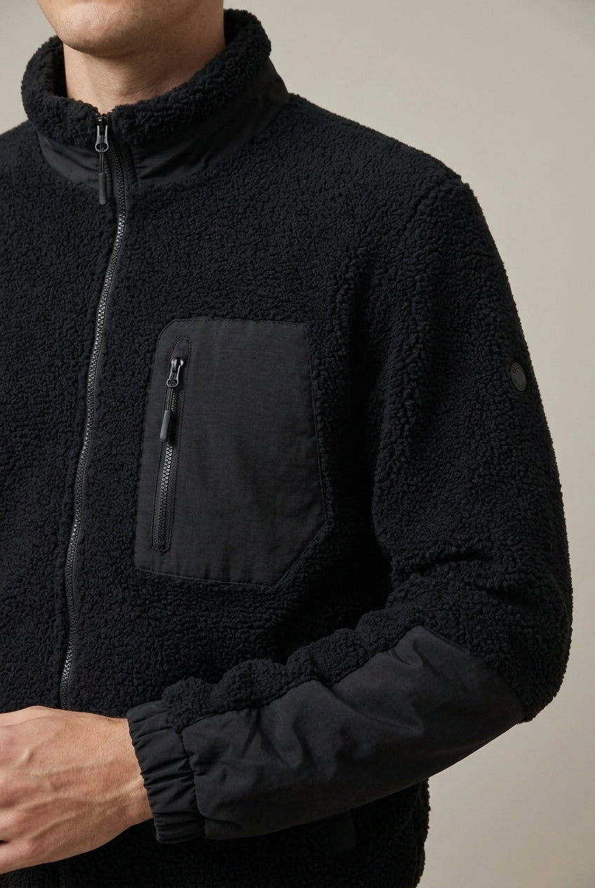 Men's Casual Sherpa Fleece Zip-Up Jacket with Contrast Sleeves